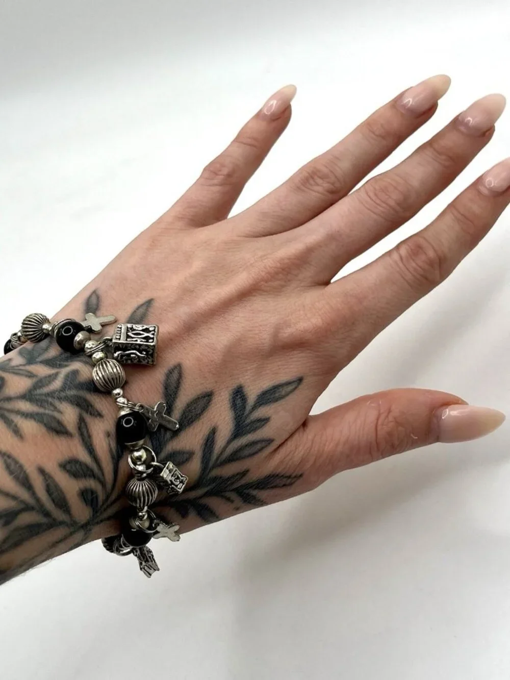VTG Christian Charm Stretch Bracelet Silver Tone Cross Bible Religious Glass